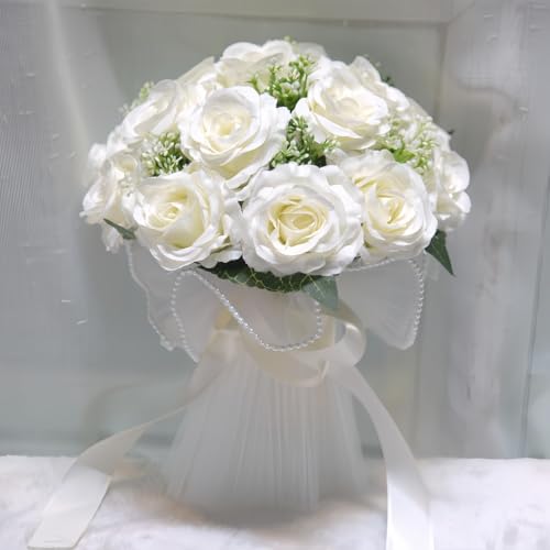 XIZHI Bouquets de mariage pour mariée - Roses artificielles champagne - Décoration de demoiselle d'honneur - Pour mariage, Saint-Valentin, fête, bal de fin d'année (blanc)