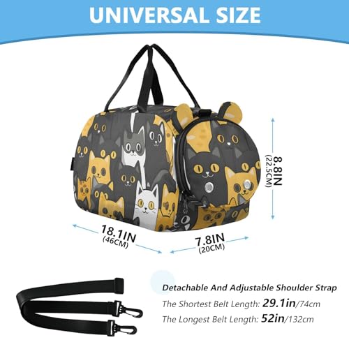 Duffle Bag Kids Gym Bag with Shoes Compartment & Wet Separation Overnight Travel Duffel Bag Yellow Black White Cat for Girl Boy3
