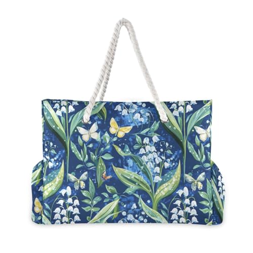 Chic Lily Of Valley Blue Floral Sturdy Duffel Bag Sports Tote with side pocketes Bag For Women for Travel Gym Vacation2