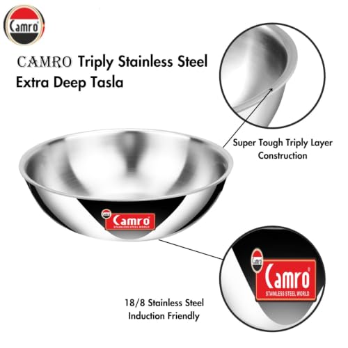 Image of Camro Triply Artisian Tasla Kadhai 1.2 liters Stainless Steel Lid Included