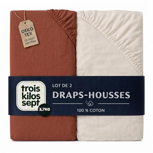 Trois Kilos Sept - Drap Housse Bébé - 100% Coton Jersey Extensible - Doux & Confortable - Bords Elastiqués - Label Oeko-TEX® Standard 100 - Beige Sable &...