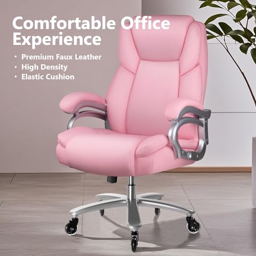 Image of Waleaf 500lbs Big and Tall Office Chair, Heavy Duty Chair for Heavy People, Adjustable Ergonomic Lumbar Support Executive Chair, Large High Back and Quiet Rubber Wheels, Pink