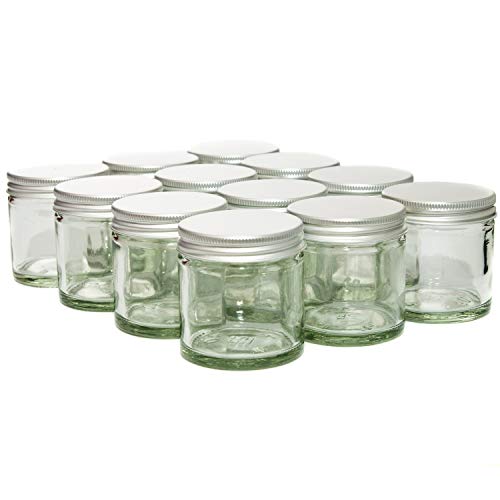Pack de 12 tarros de cristal transparente (30u00a0ml) con tapa de color plateado.