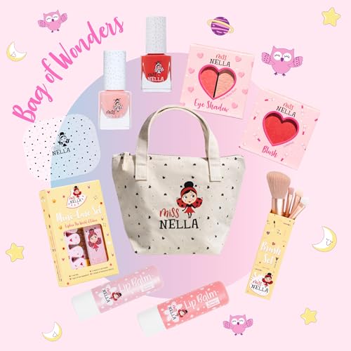Miss Nella Zestaw do makijażu i lakieru do paznokci dla dzieci, hipoalergiczny, testowany dermatologicznie, nietoksyczny, płócienna kosmetyczka, bezpieczna i zabawna (Bag Of Wonder)
