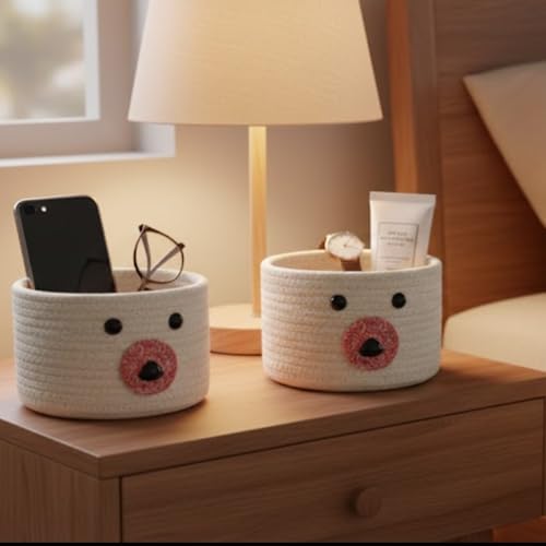 Image of Teddy Eco-Friendly Cotton Rope Basket Set of 2 (6x6 Inch) - Remote Holder for Living Room & Remote stand for Table, Makeup organisers, Jute Planter Basket & Jute Pots for Plants (White - Combo)