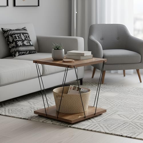 Image of JD FRESH Wooden End Table with Modern Metal Frame /Open Storage Shelf /Multi-Purpose Display & Storage Shelf /Stylish, Sturdy & Space-Saving Side Table for Living Room, Bedroom (Deep, Brown)