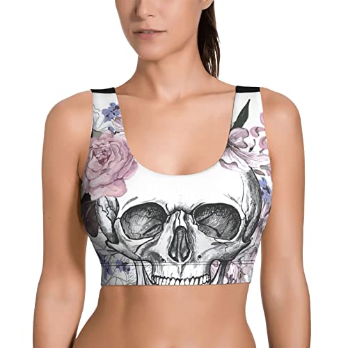 Rajanaz Skull with Flowers Sports Bra for Women Seamless Padded Yoga Bras Workout Fitness Running Crop Tank Tops