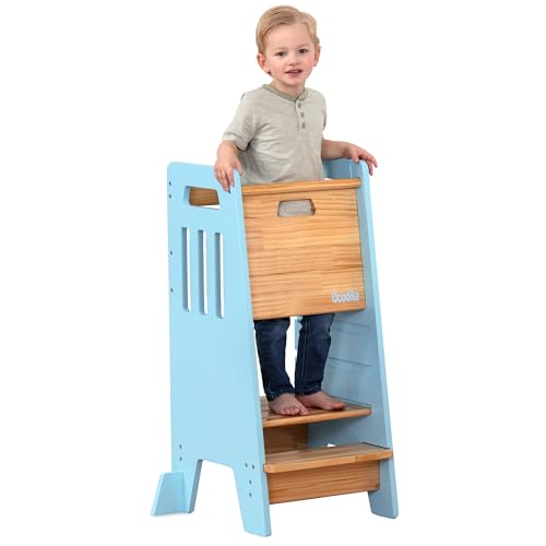 Toddler Tower with a Sliding Door and 3 Adjustable Heights - Complete Toddler Kitchen Stool Helper with Support Feet - Safe Design for 18+ Months to 6-Year-Old Kids - Blue