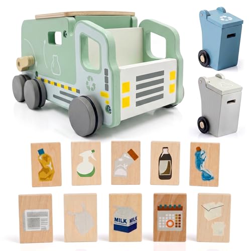 LumioToys Montessori Müllauto Holz ab 3 Jahren Müllwagen Lernspielzeug Müllabfuhr Set mit Mülltonnen & Karten zur Mülltrennung Motorikspielzeug & Geschenk für Junge & Mädchen 3 4 5 Jahre