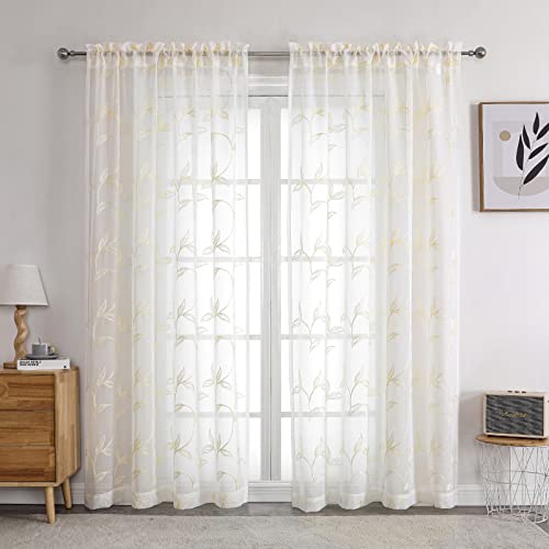 Visiontex Sheer Curtains 84 Inch Length 2 Panels Set, White Voile Crushed Cream Vine Leaves Embroidery, Rod Pocket Embroidered Window Drapes For Living Room And Bedroom, 54" X 84" #TOP1
