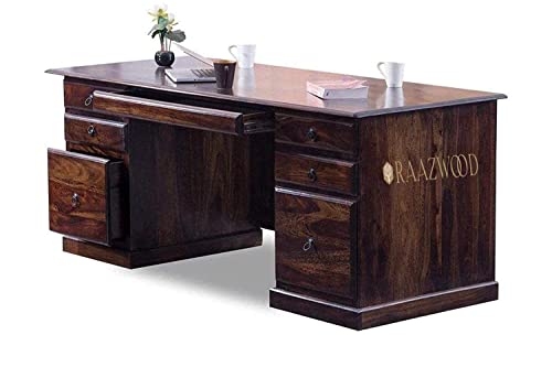 Image of Sheesham Wood Wooden Study Writing Desk Table for Office, Laptop Computer Table with 6 Drawers Storage for Home and Office (Walnut Finish)