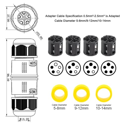 Cable conector IP68-M25 estanco de 4 pines y terminal de tornillo para manguera de 9-12mm 6