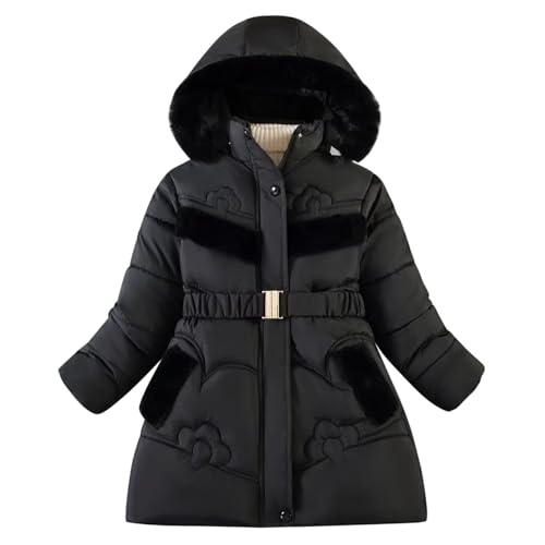 semen Kids Girls Winter Warm Fleece Lined Faux Fur Hooded Jackets Full Zip Up Outerwear School Dress Coats with Belt for Age 5-12 Years