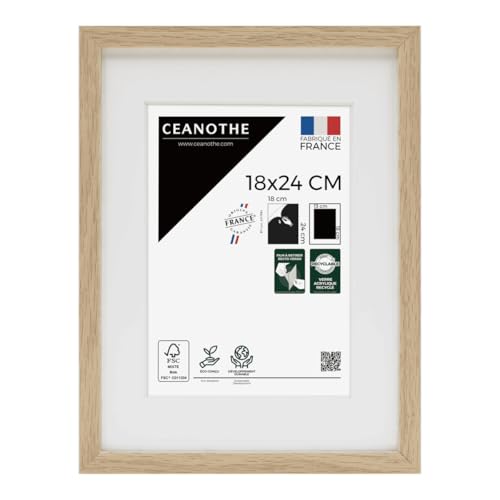Ceanothe Cadre Photo Bois Chêne 18x24 cm avec Passe-Partout 13x18 cm - Bois Naturel FSC pour Petit Souvenir Décoration et A5 - Verre acrylique Incassable Collection ALBA - Fabriqué en France