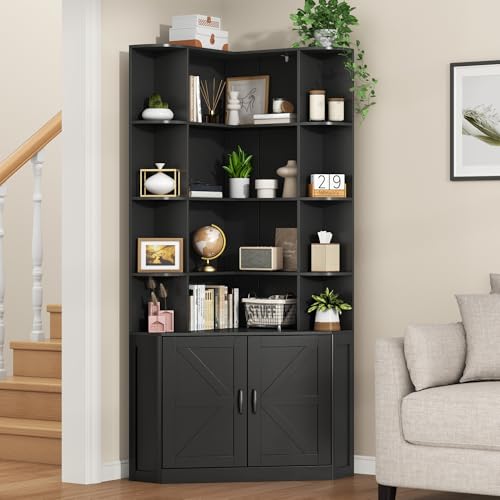 Corner Bookshelf with Doors 6 Tier Corner Bookcase with Storage Cabinet Black L-Shaped Book Shelf with 8 Open Racks Farmhouse Etagere Bookshelf with Full Baffle for Living Room Home Office
