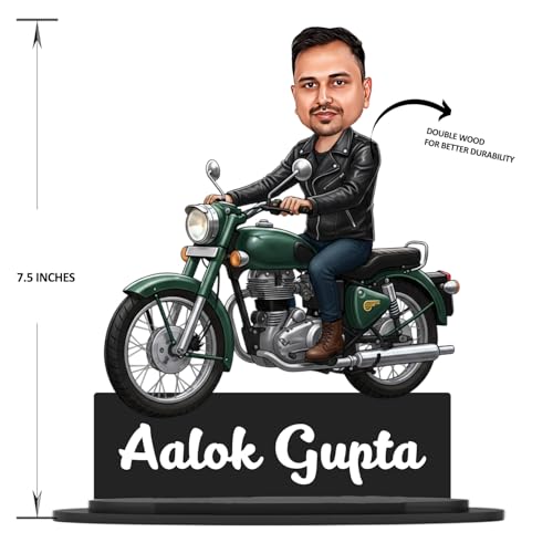 Image of Taxton Custom Bike Rider Caricature Personalized Wooden Bike Photo Frame for Men | 7.5 Inch Durable Double Wood Print with Acrylic Name Plate (Green)