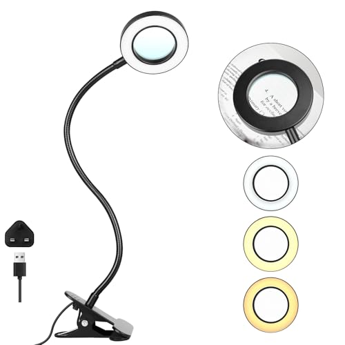 Clip-On Desk Lamp with 5X Magnifying Glass, Black