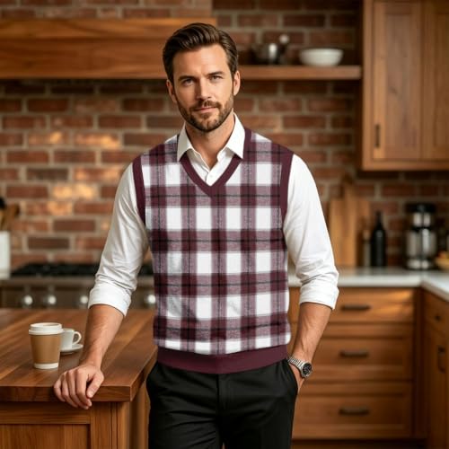 Christmas Sweater Vest Men V Neck Plaid Knit Lightweight Pullover Sweater - image 4