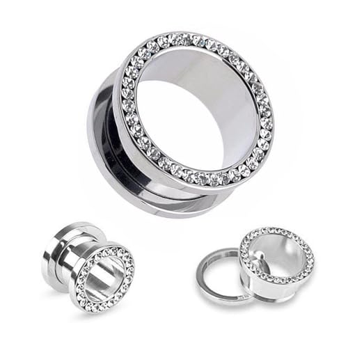 2PCS Ear Plugs Tunnels (4-25mm)covered diamonds-Stainless Steel 316l Pierced Hangers Earrings For Stretched Earlobe(Silver,14mm)