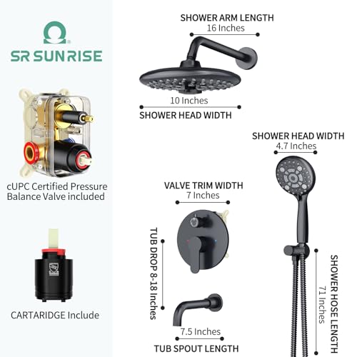 Image of SR SUN RISE 10 Inches Wall Mounted Shower System with Tub Spout Shower Tub Faucets Sets Complete Newer Model High Pressure 3-Spray Rain Shower Head and 6-Setting Handheld Combo, Matte Black
