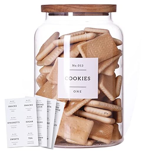 1 Gallon Large Glass Cookie jar with Airtight Acacia lids - Thicken Big Food Storage Containers with 42 Kitchen Waterproof Pantry Labels Preprinted - Clear Glass Canister for Flour, Rice, Coffee