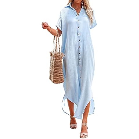Women's Casual Short Sleeve Button Swimsuit Cover Ups Dress Side Slit Long Cardigan Loose Outer Cover Up Beach Long Dress, Blue, XX-Large Cover