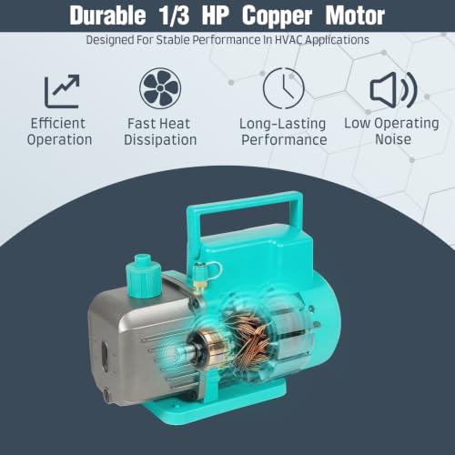 Bomba de vacío VECOTOOLS 4.5CFM 1/3HP con juego de manómetro de aluminio de 3 vías para R134A R410A R22 R404A, Kit de servicio de refrigerante HVAC con acopladores rápidos y mangueras de 4 pies para mantenimiento automotriz y HVAC miniatura 4