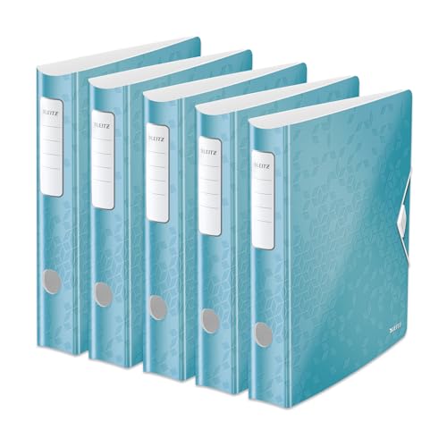 Leitz Qualitäts-Ordner 180° Active WOW, 5er Pack, A4, Schmal, Abgerundeter Rücken, 6,5 cm breit, Gummibandverschluss, Leichtes Polyfoam, Plastik-Ordner, WOW Serie, Eisblau, 11070051
