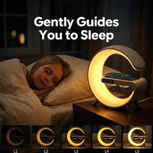 Image of 5 in 1 LED Table Lamp with Wireless Charging Bluetooth Speaker | App Controlled Night Light Alarm Clock for Christmas Birthday Gifts for Teens Adults Desk Office Bedroom Decor