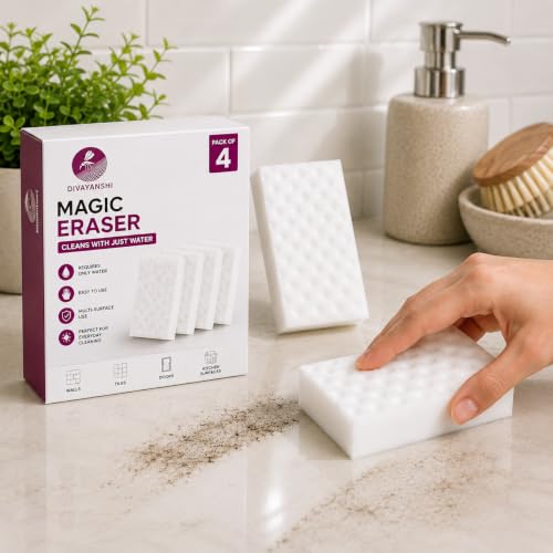 Image of Divayanshi Magic Eraser Sponge Pack of 4 | Powerful Stain Remover with Just Water | No Scratch Multi-Surface Cleaning Sponge for Kitchen, Bathroom, Walls, Shoes & Switchboards