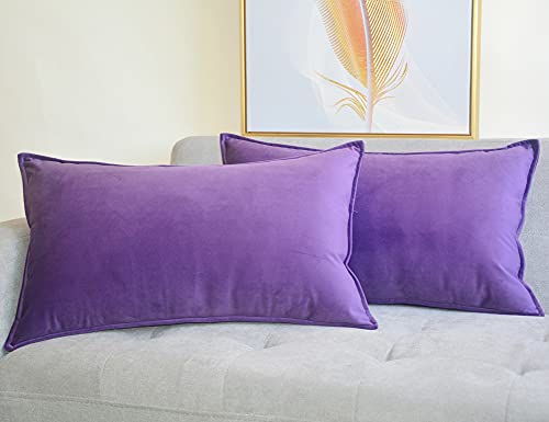 Lutanky Velvet Cushion Covers 30 x 50 cm Violet Decorative Rectangle Throw Pillow Cover (Pack of 2) Soft Oblong Piped Pillowcases for Sofa Bedroom with Invisible Zipper 12x20 Inch