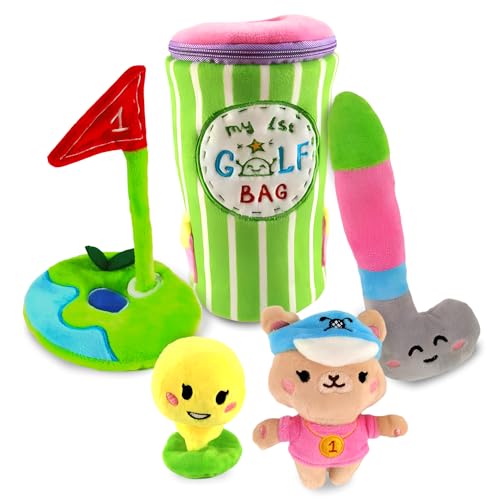 Image of Skywin My First Golf Bag Gift Set, Baby Golf Toy 0-3 Years, 6 Pc Developmental and Sensory Play Set Incl Plush Golf Club, Ball, Mug, Goal, Teddy Bear and Bracket- Perfect Baby Shower
