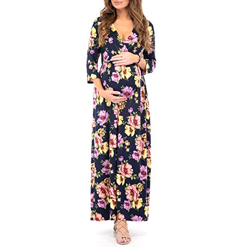 Mother Bee Maternity V-Neck 3/4 Sleeve Ruched Waist Dress, Navycoral10, Medium