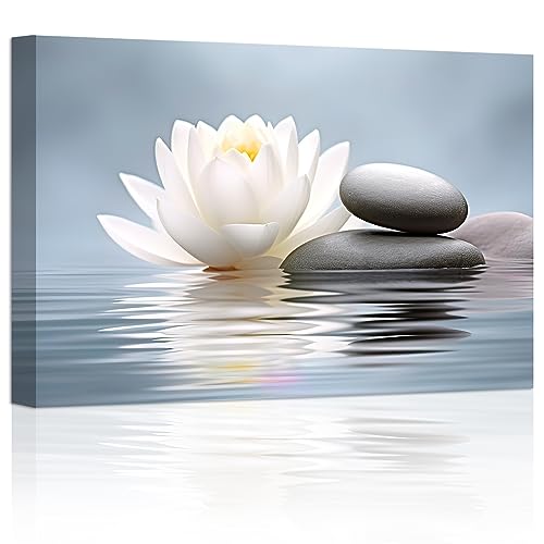 LZIMU Zen Wall Art Lotus Flowers Stones on Water Pictures Water Lily Canvas Prints Bathroom Decor Spa Artwork for Yoga Studio Meditation Spiritual Room Framed (Zen-1