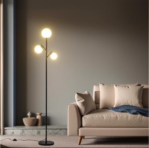 Fiqevs Black Mid Century Floor Lamp, Modern 3 Globe Standing Lamp with 3 LED Bulbs & Arcing Frosted Glass Shades, Boho Rustic Tall Tree Lamp for Living Room, Bedroom & Office