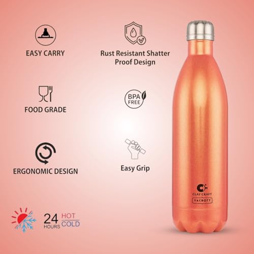 Image of Clay Craft Vacbott Stark Sparkle Double Walled|18 Hours Hot and 24 Hours| Cold Water Bottle Vacuum Insulated Flask Bottle|1000 ml, 2 Piece, Water Bottles for School, Home, Gym, Leakproof