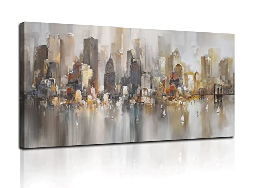Wall Decorations For Living Room Framed Wall Art Large Cityscape New York Wall Decor Canvas Prints Abstract Yellowbrown City Theme Paintings Modern Canvas Wall Art For Living Room Bedroom #TOP14