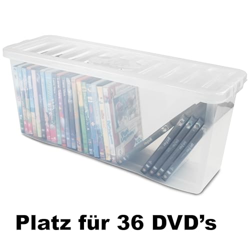 #11 AUFBEWAHRUNGSBOX - für 36 DVDs - Aufbewahrungsbox mit Deckel 1 Stück - 60x20x25cm - transparent klar - stapelbar - Kunststoff Box Stapelkiste Unterbettkommode Büro