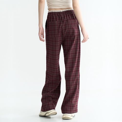Women's Y2K Goth Baggy Wide Leg Plaid Pants Drawstring High Waist Color Blocking Casual Elastic Waist Trouser4