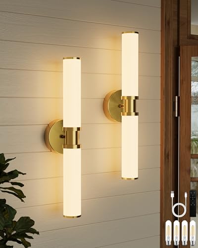 Image of Rayogale Gold Wireless Battery Operated Wall Sconces with Remote Control | White Glass Rechargeable Wall Lights Set of 2 with Timer Function Dimmable for Living Room Bedroom Emergency 3000K, 20.5 Inch