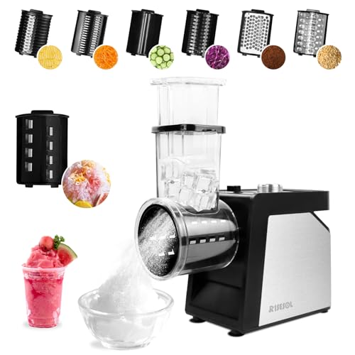 RISESOL 7 en 1 Coupe Légumes Électrique Broyeur à Glace Rape à Fromage Carottes Acier Inox avec 7 Lames 250W Trancheuse de Légumes Professionnel de...