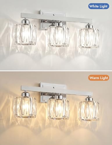 Image of VOLISUN Crystal Vanity Lights for Bathroom, 3 Light Bathroom Vanity Light, Modern Stainless Steel Bathrooms Lights Over Mirror, Chrome Bathrooms Lights Fixtures-UL Certificated(Exclude Bulb)