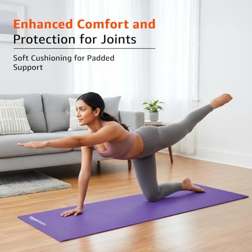 Image of Amazon Basics 6 MM Yoga Mat with Carry Strap | Grippy Surface | Anti-Slip Exercise Mat | PVC Material | Yoga Mat for Men & Women | Exercise Mat for Gym or Home | Purple