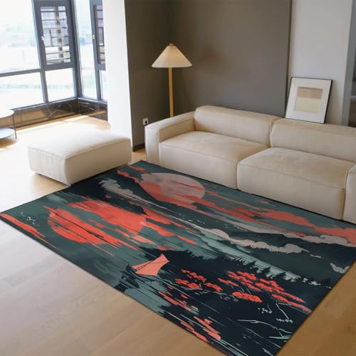 Tapis lavable Ukiyo-e lune rouge : la solution déco douce et stable