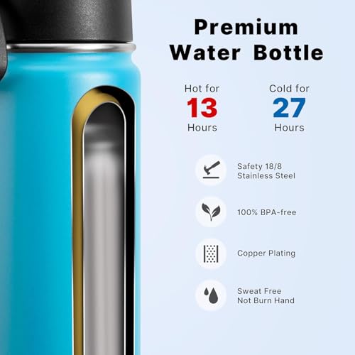 Image of koodee Inuslated Water Bottle -26 oz Stainless Steel Vacuum Insulated Sports Water Bottle with Straw, Reusable Metal Water Flask BPA Free (Sky Blue)