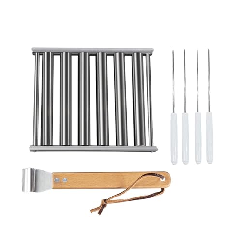 Soporte para parrillas de barbacoa con mango de haya, estante desmontable de acero inoxidable para salchichas, 6 rodillos
