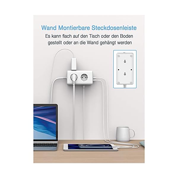 TESSAN 6 Fach Steckdosenleiste 3600W 16A mit 3 USB, 9 in 1 Mehrfachsteckdose Steckdose mit Schalter, Mehrfachstecker… – Bild 4