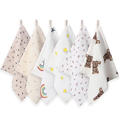 Norinori Baby Washcloths Muslin Cloths - Muslin Squares Hanky Soft Reusable Newborn Face Towels 6Pack 100% Cotton 10X10 6Layers Baby Wash Cloths for Boys Girls Great Shower Gift