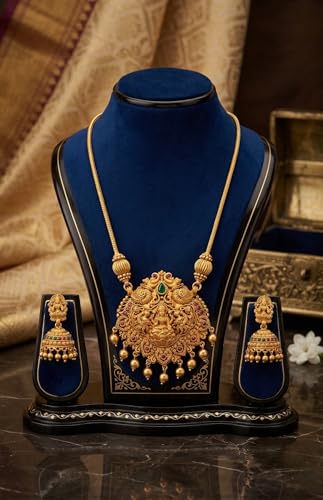 Image of Traditional Gold-Plated Lakshmi Temple Pendant Necklace Set for Women | Antique South Indian Jewelry with Jhumka Earrings | Ethnic Bridal, Wedding & Festive Jewelry Set