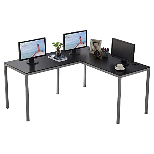 GOOD & GRACIOUS Office Desk L Shaped, Corner Computer Gaming L-Shaped Desk, Modern Home Office Study Writing Workstation Table, Easy Assembling, Black Desktop & Grey Leg